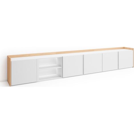 Skraut Home - Mueble TV, Televisión, Muebles de salón, almacenaje, 309x35x50cm, Para TV hasta 80", LED, Estilo Moderno, Blanco y roble soft (1/5)