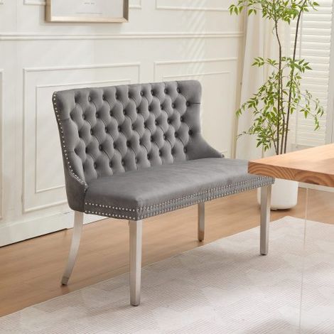 Velvet Double Dining Loveseat Bench, Kitchen & Dining Seating, 2-Seat Tufted Bench w/Handmade Buttons, Wing Back, Brushed Silver Stainless Steel Legs, Mid Century Modern,Single Pack,Gray,DE1702GY
