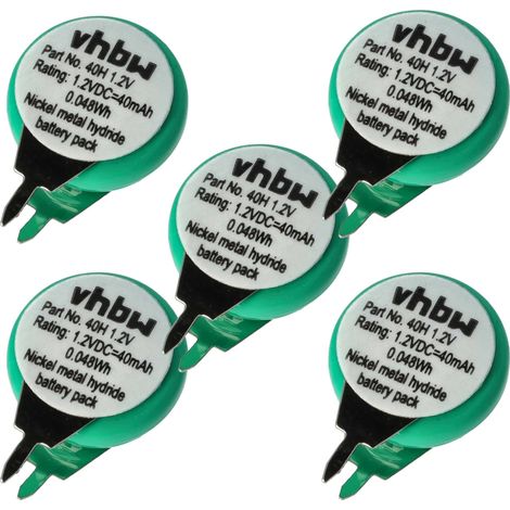 vhbw 5x NiMH replacement button cell battery tab 2 pins type 1/V40H 40mAh 1.2V suitable for model building batteries, solar lights etc.