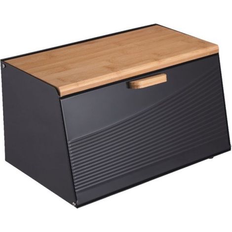 Boîte À Pain - Acier Inoxydable Laqué Noir Et Bois Clair - Double Ouverture Avant/Supérieure - 35,5 x 23,5 x 21 cm - 1 Pièce (1/4)