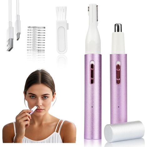 Rasoio da donna - Rifinitore per naso e orecchie per donne e uomini - Rifinitore per sopracciglia 2 in 1 indolore - Ricaricabile tramite USB - Rimuovi peli del viso portatile e impermeabile - Viola (1/5)