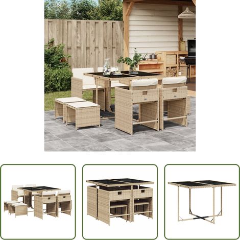 Chaises de jardin -  Ensemble à manger de jardin et coussins 9 pcs beige Poly rotin (1/5)