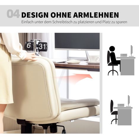 Fauteuil de bureau sans accoudoirs en simili cuir beige, chaise de travail à roulettes réglable en hauteur, avec coussin supplémentaire, pivotante et mobile. (1/5)