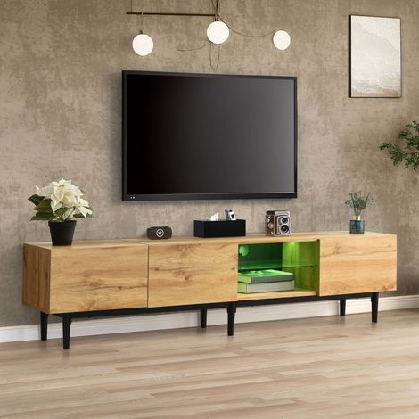 Meuble TV 175 cm, banc TV LED contrôlable par application avec 3 portes et étagère verre, MDF et acier, bois naturel (1/5)