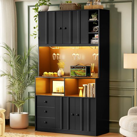 Armoire de Cuisine 180 cm avec LED, Meuble de Rangement Multifonction avec Prise, Porte-Bouteilles et Vitrine pour Salle à Manger, MDF (1/5)