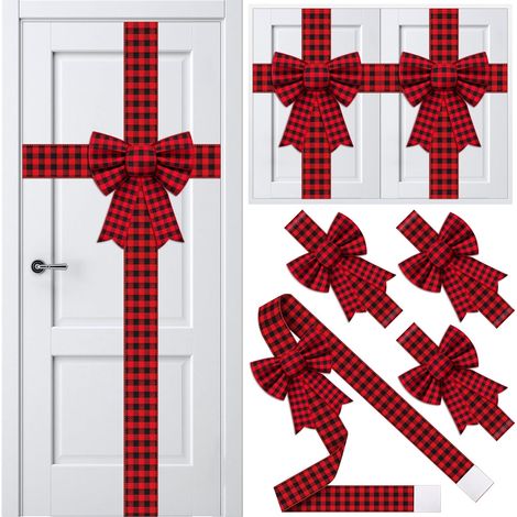 Ensemble de 6 décorations de Noël pour portes de placard, nœuds et rubans (à carreaux rouges et noirs). (1/5)