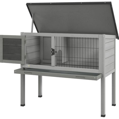 Hasenstall Kaninchenstall aus Tannenholz Winterfest Hasenkäfig mit aufklappbar Dach 84x43x70 cm Kaninchenkäfig Outdoor Kleintierstall für Hasen Kaninchen Meerschweinchen Grau Aosom