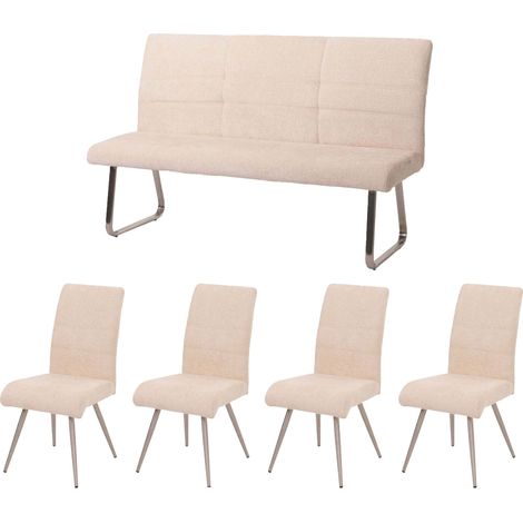 [NON UTILIZZATO] Set sala da pranzo HHG-102, 4 sedie + panca 160cm, acciaio inox stoffa/tessuto ciniglia, avorio