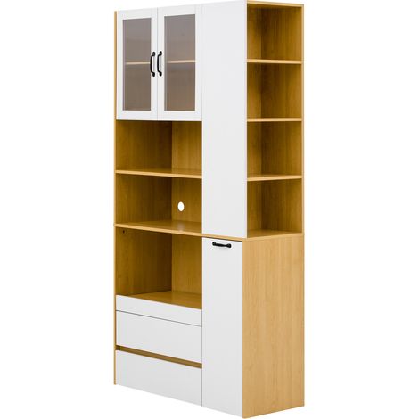 Aparador alto de MDF blanco y natural con estantes regulables, cajones y vidrio estriado (1/5)