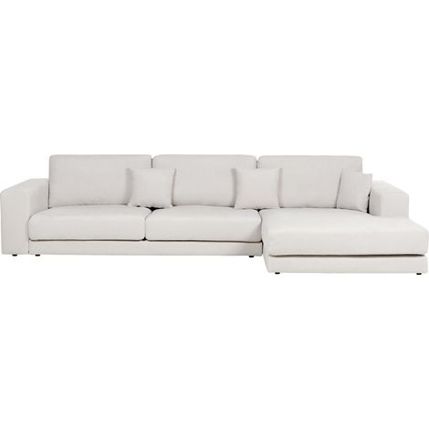 Sofá esquinero estilo minimalista tapizado en tela con cojines adicionales 4 plazas a la izquierda en color blanco Lofoten