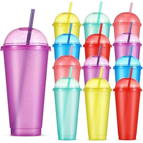 12 pièces Gobelets en plastique 710ml avec couvercles bombés et pailles, Tasses à eau pailletées réutilisables pour enfants, Lot de verres voyage, Gobelets fête pour café glacé et eau (6 couleurs) (1/5)