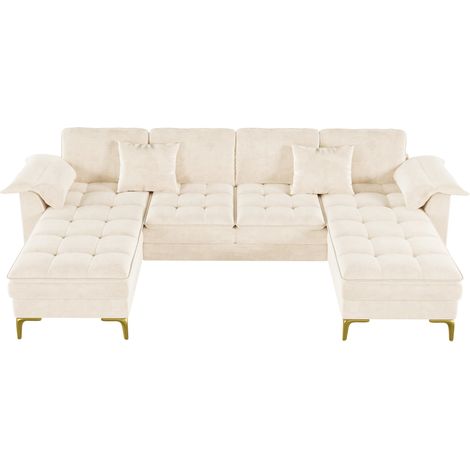 Sofá esquinero en U modular de 4 plazas con 2 chaise longue, tapizado chenilla beige (1/5)