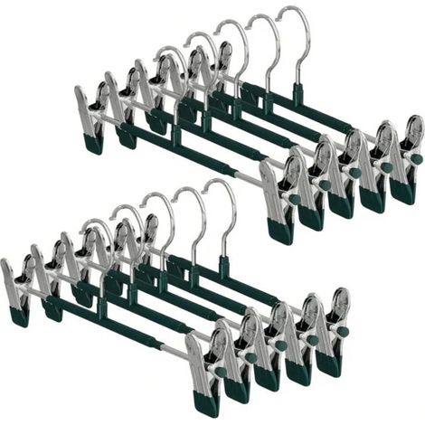 Pack de 10 perchas con pinza para pantalón de acero inoxidable revestido de plástico verde, antideslizante, para pantalones y faldas, uso doméstico (1/5)