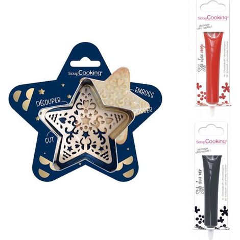 Kit pour biscuit en relief Étoile + 2 Stylos au chocolat rouge et noir (1/2)