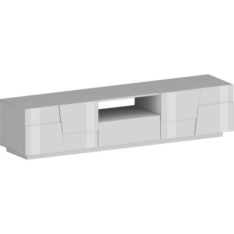 Dmora - Mobile porta TV Maestrale, Credenza bassa da soggiorno con 4 ante e 1 cassetto, Base porta TV, 220x44h46 cm, Bianco lucido (1/5)