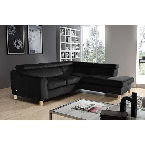 Canapé d'angle en tissu luxe 5 places, ASHLEY, noir, angle droit (vu de face) (1/4)