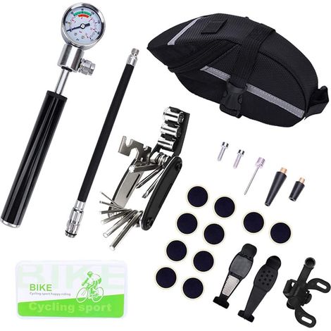 Paracity Bicycle Repair Kit: Pump, Ball Valve, Black Conical Valve, Tire Valve, Pressure Gauge, Tire Insulator, Lever, Utility Knife (1/5)