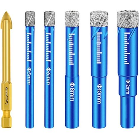Juego de 5 brocas de diamante para azulejos (5/6/8/10/12 mm) con una broca de carburo de 6 mm para cerámica, granito, vidrio, porcelana, azulejos y gres porcelánico. (1/5)