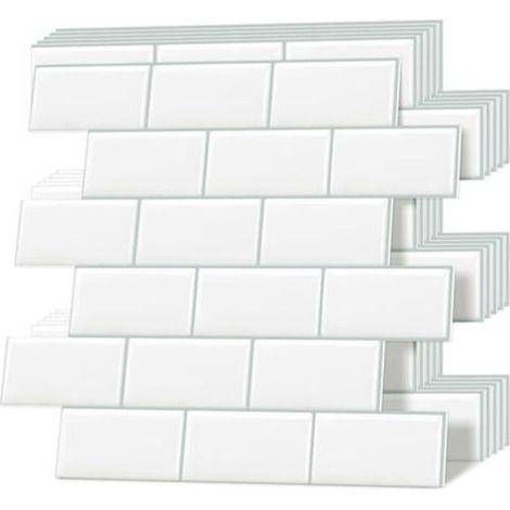 Carreaux adhésifs épais, carreaux muraux auto-adhésifs, crédence de cuisine style métro, blancs, 10 feuilles (1/5)