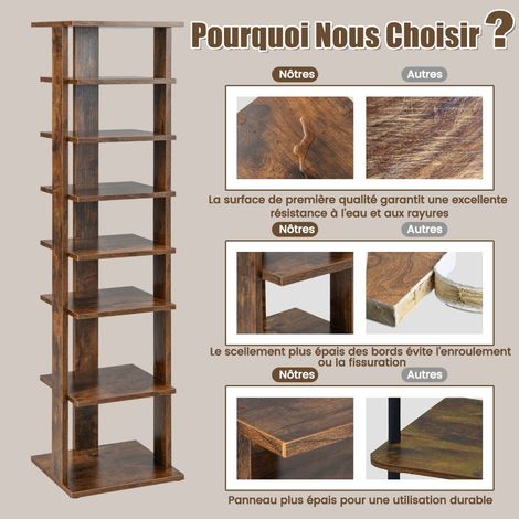 Étagère à chaussures verticale en bois marron 7 niveaux avec surface résistante à l'eau pour entrée, couloir et chambre (1/5)
