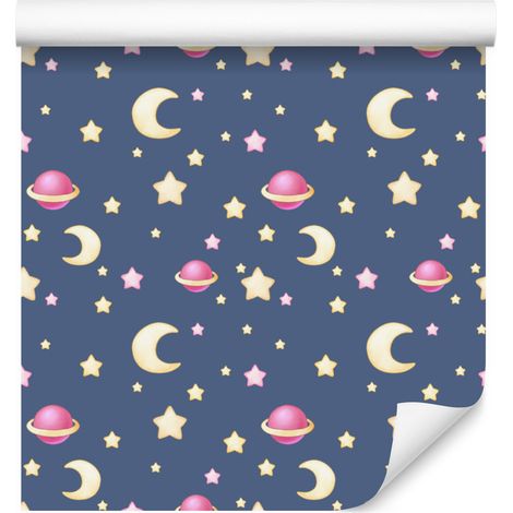 Papel pintado de estrellas, lunas y planetas para salón y dormitorio, 50x1000 cm. (1/5)