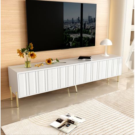 Meuble TV 190 cm avec 4 portes et 8 étagères, blanc, pour salon et chambre (1/5)