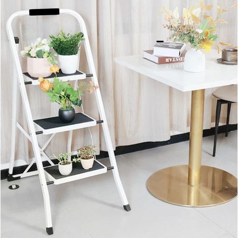 Escabeau pliant 3 marches acier noir et blanc, charge 150 kg, pour la maison - CHICFURN (1/5)
