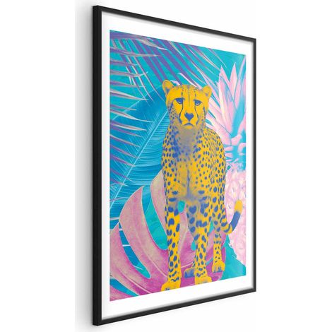 Exotisches Leopardenposter – Farbenfrohes Porträt eines Geparden vor tropischem Blätterhintergrund (1/4)