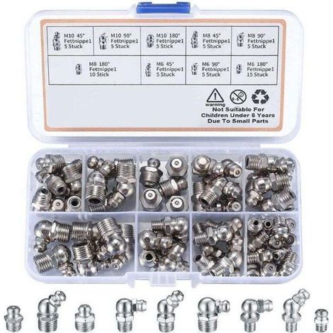 60 Pièces graisseur a Visser, Assortiment Graisseur M6 M8 M10, Droit Graisse Raccord 45° 90° 180°, avec Boîte en Plastique, pour É (1/4)