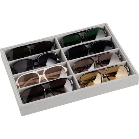 Boîte de rangement en velours pour lunettes de soleil, plateau à 8 tiroirs, boîte à lunettes de soleil homme/femme, présentoir à lunettes (gris) (1/5)