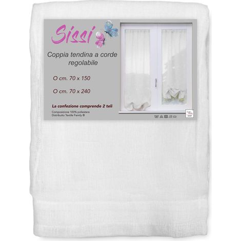 COPPIA tendina SISSI a VETRO MODERNA larga cm 70 Regolabile a Cordine BIANCO COPPIA (2 TELI) CM. 70X150