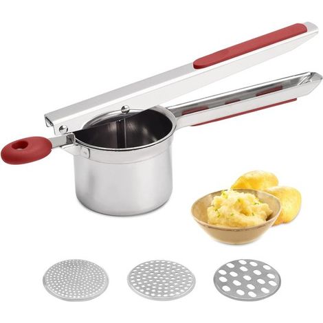 Prensa de patatas grande de acero inoxidable para un puré de patatas perfecto – 425 ml – Utensilio de cocina ergonómico con discos reemplazables (1/5)