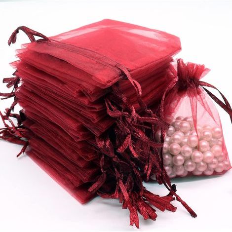 Lot de 100 sachets en organza bordeaux, 7 x 9 cm, sachets cadeaux, sachets à bonbons, parfaits pour les fêtes et les mariages. Fermeture par cordon en satin. (1/5)