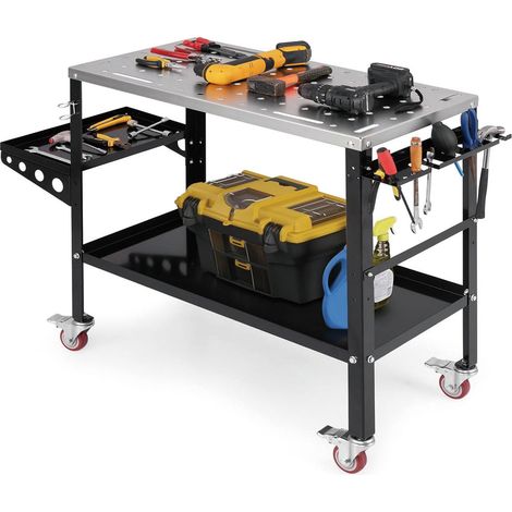 Banco de trabajo móvil de metal 128 x 46 x 88 cm capacidad de 360 kg con práctico almacenamiento estilo moderno en plata y negro 200014739