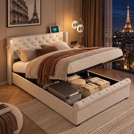Lit coffre hydraulique 160x200 cm – en velours beige – bandeau LED – port USB – tête avec rangement (1/5)