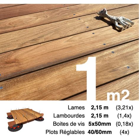 Kit complet terrasse bois exotique JATOBA pour 1 m² • Lames 2,15 m, lambourdes 2,15 m, plots réglables et visserie Inox