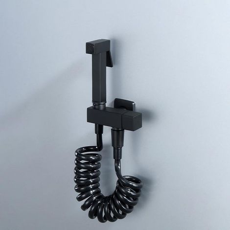 Ensemble de douche à main en laiton mural, ensemble de douche WC haute pression avec flexible de douche, robinet d'arrêt, eau froide, noir [Classe énergétique A] (1/5)