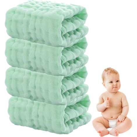 Washcloth Bébé - Mousseline Coton Naturel 30x30 cm - Doux Respirant Absorbant - Pour Nouveau-Né Enfant et Adulte - Lot de 4