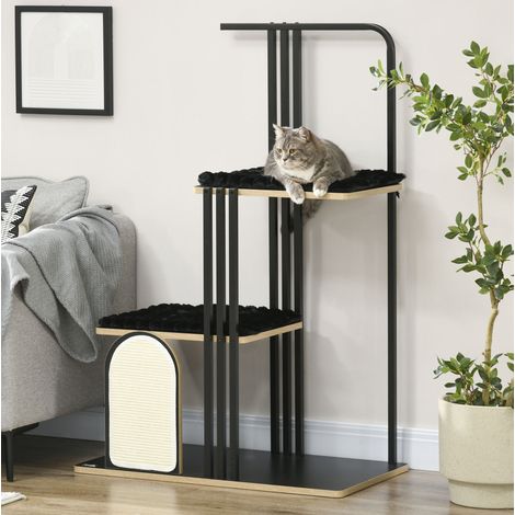 Arbre à chat en sisal et panneaux de particules noir, 3 niveaux avec 2 plateformes pour griffer, se reposer et grimper, 85 x 48 x 128 cm (1/5)