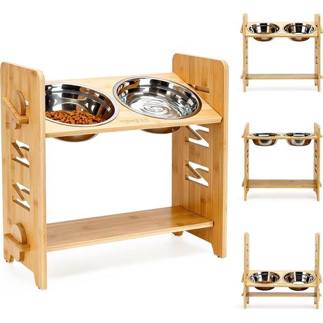 2 Gamelles, Station alimentation chien bambou, 9 hauteurs réglables, Acier inoxydable, Bol inclinable 15 degrés, Intérieur (1/5)
