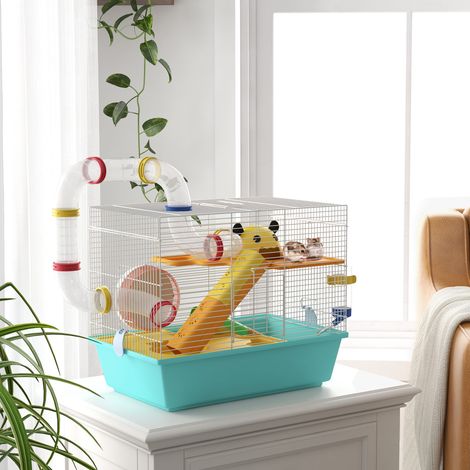 Cage hamster roue Blanc Bleu maison gamelle rampes réservoir acier PS PP 45x28x37 cm