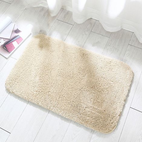 Tapis de bain à poils longs en microfibre douce, antidérapant et absorbant pour douche et salle de bain - Lavable en machine - Beige (50 x 80 cm) (1/5)