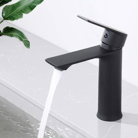 Mitigeur Salle de Bain Noir - Robinet Lavabo avec Mousseur Démontable et Poignée Carrée -