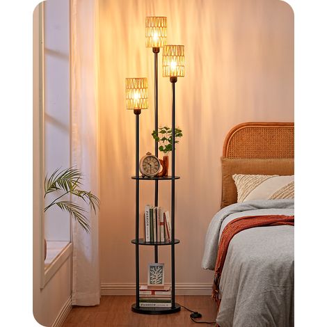 EDISHINE Stehlampe Wohnzimmer, 3-flammige Vintage Stehleuchte mit Regal & Rattan-Lampenschirm, 3 x E27-Fassung, inkl. Leuchtmittel, Boho Stehlampe mit Fußschalter für Schlafzimmer und Büro, 178 cm (1/5)