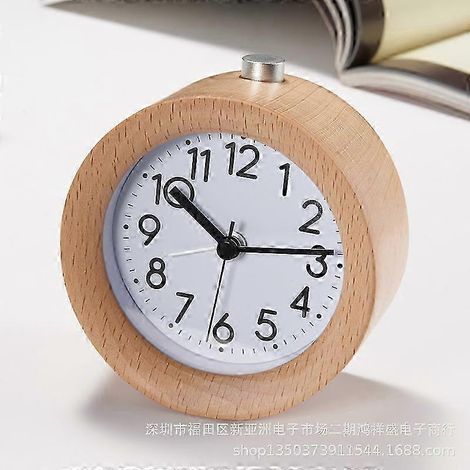 Réveil analogique silencieux en bois brun clair avec fonction snooze, alimenté par piles, idéal pour les chambres, les chambres d'enfants et les bureaux. (1/5)