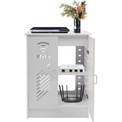 Armoire de rangement pour routeur WiFi, 50 x 30 x 70 cm - Meuble 3 niveaux gris-blanc - Cache-routeur, étagère réglable - Boîte de stockage pour décodeur TV (double porte) (1/5)