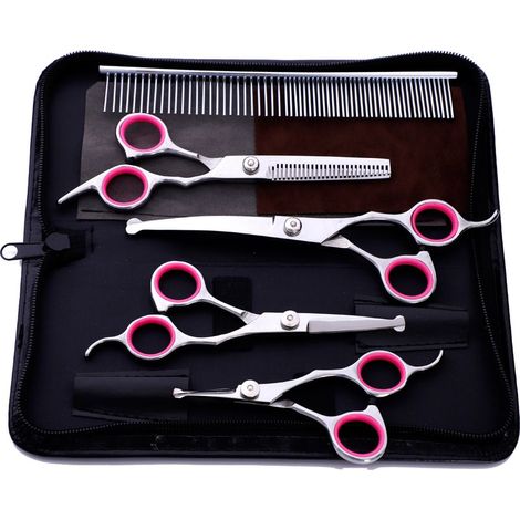 Hundepflegeschere – Sicherheitsabgerundete Spitze – Titanbeschichteter 4CR-Edelstahl – Gerade, gebogene und Ausdünnschere – 3er-Set (1/5)