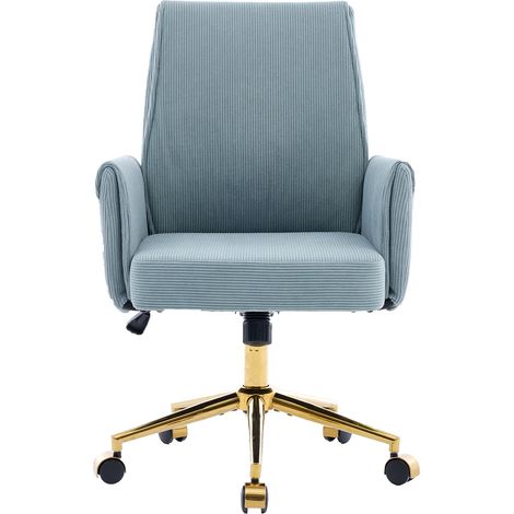 Silla de oficina ajustable con respaldo medio, tapizado azul de corduroy y base dorada (1/5)