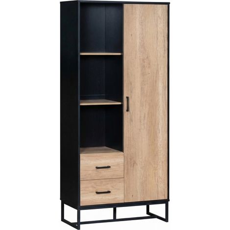 Armario alto moderno 80x40x180 cm MDF negro y madera con puerta, 2 cajones y 3 estantes (1/5)