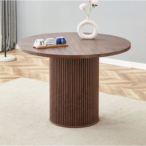 Tavolo da pranzo rotondo Ø100 cm per 4-6 persone con vano contenitore, montaggio rapido, in MDF effetto noce. (1/5)